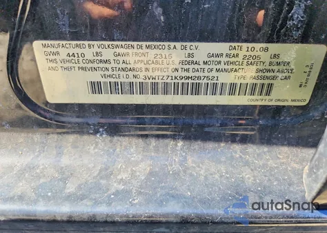 2009 Volkswagen Jetta Se from USA, damaged, VIN 3VWTZ71K99M287521